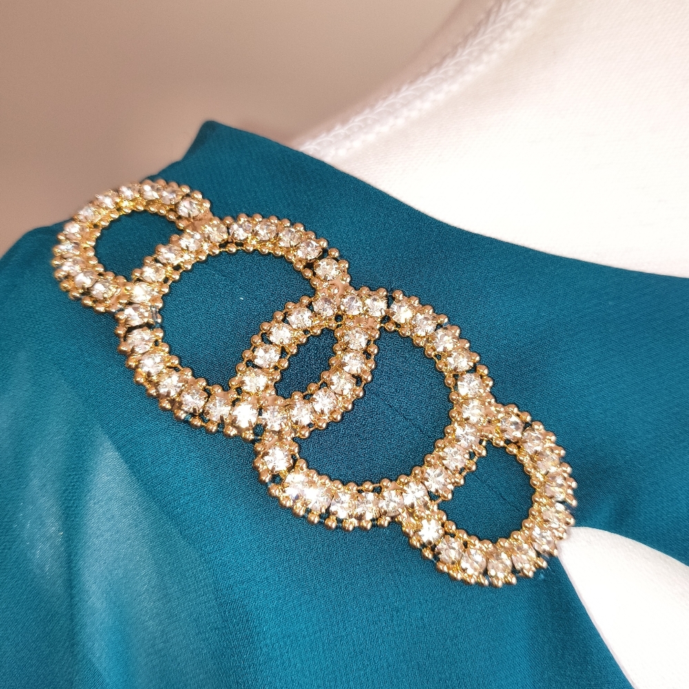 X By Xscape Teal Chiffon Popover Dress Rhinestone Trim Keyhole Size 12 Chiffon - Picture 7 of 7